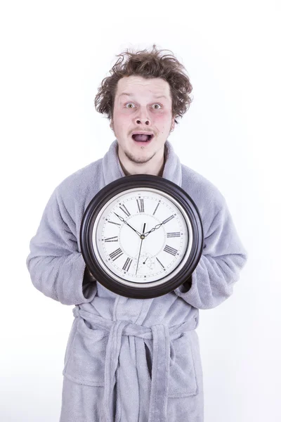 Frightened man with clock — Stock Photo, Image