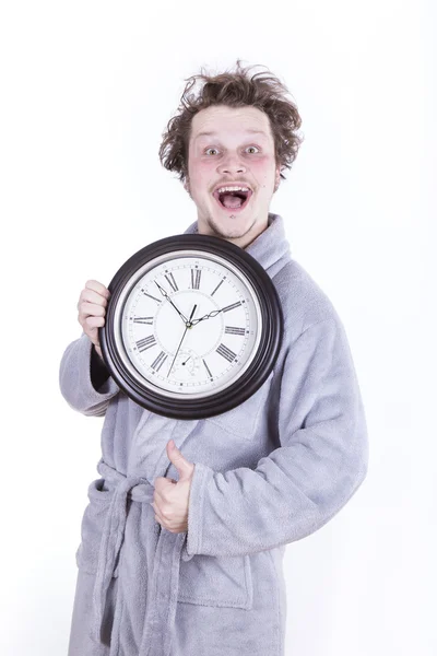 Frightened man with clock — Stock Photo, Image