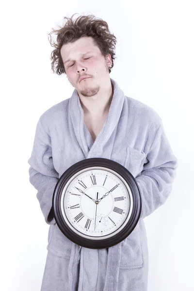 Frightened man with clock — Stock Photo, Image