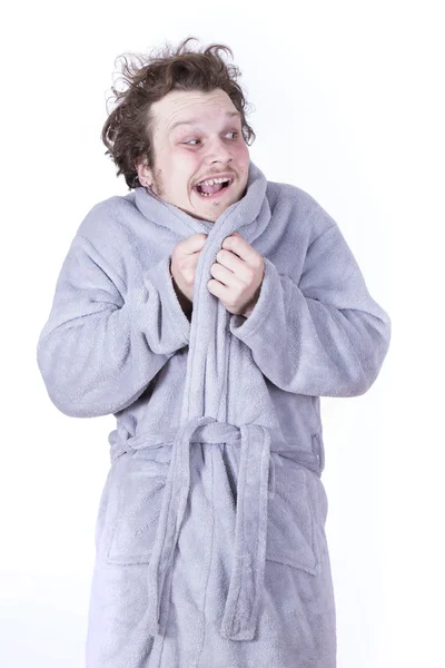 Funny man with bathrobe on white background — Stock Photo, Image