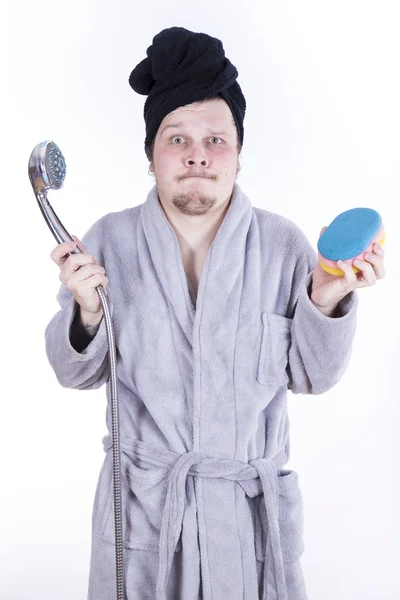 Man in bathrobe in the shower Royalty Free Stock Photos