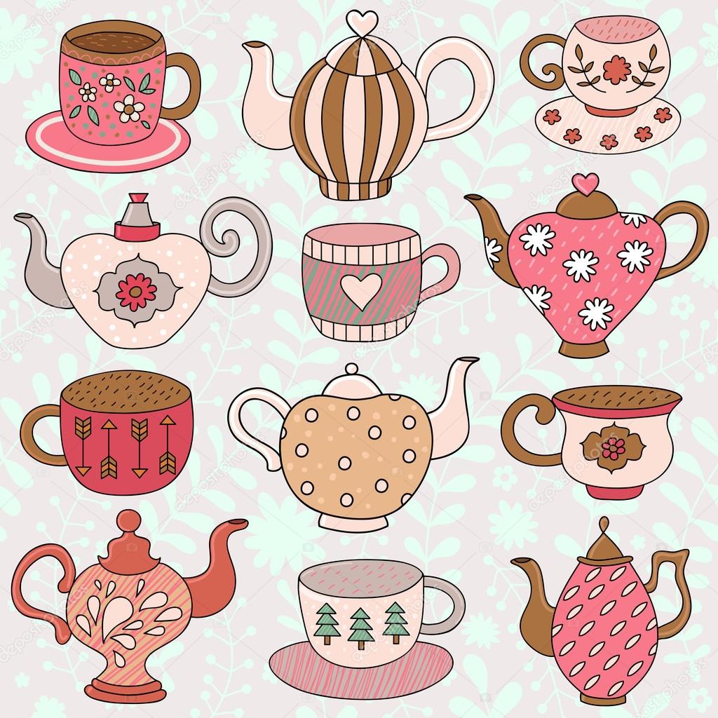 Pattern with tea cups and tea pots