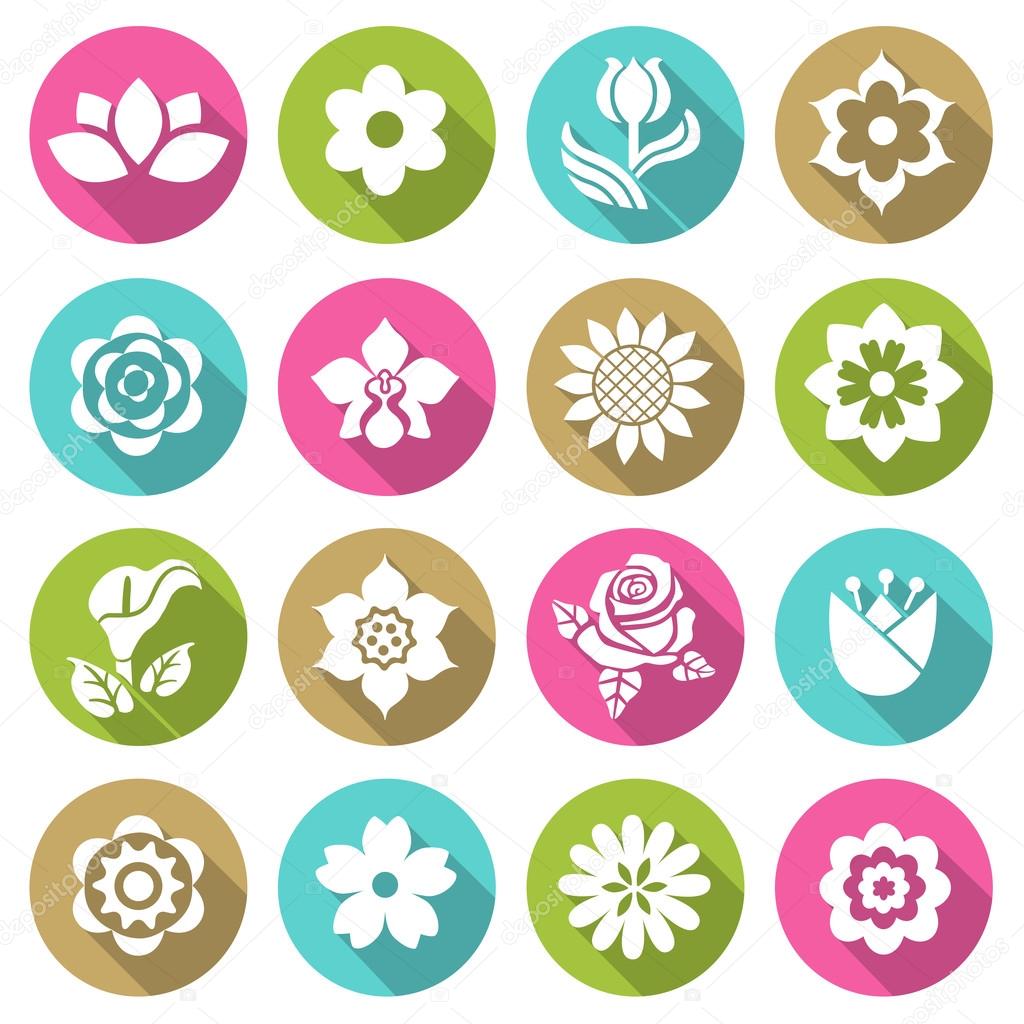 Flower icon set flat style icons with long shadows. Vector illustration.