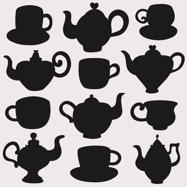 Silhouettesof cups, kettles, teapots, coffee pots — Stock Vector