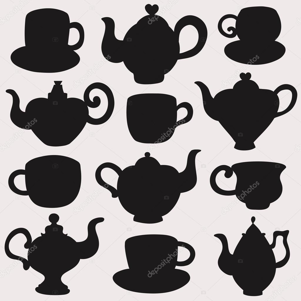 Set of isolated icon silhouette cups, kettles, teapots, coffee pots. Abstract design logo. Logotype art. Vector illustration.