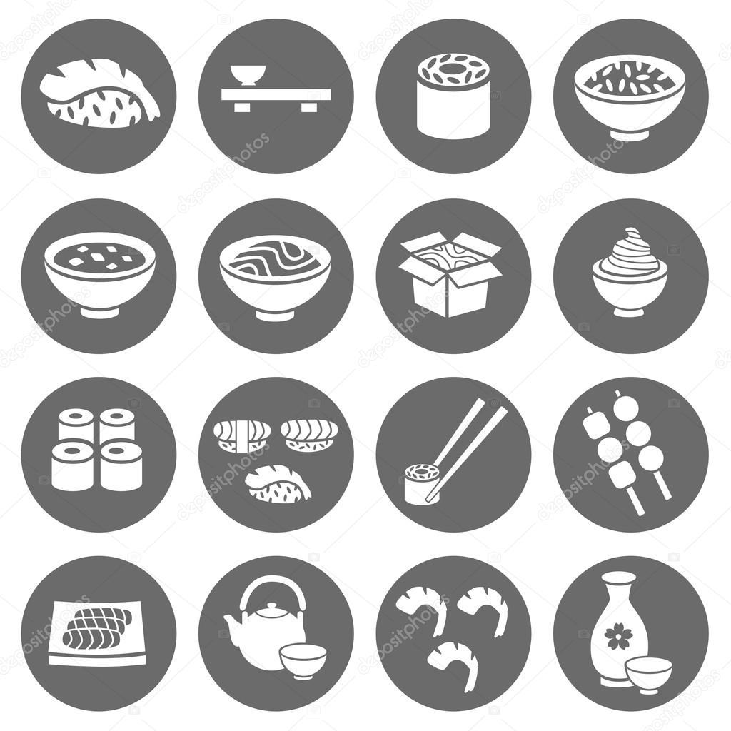 Japanese food Sushi Collection. Asia food icon set with sushi rolls sashimi noodle miso. Japanese cuisine. Vector