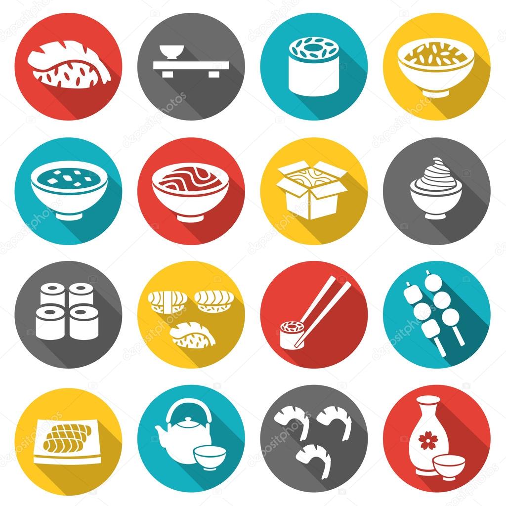 Japanese food Sushi Collection. Asia food flat color icon set with sushi rolls sashimi noodle miso. Japanese cuisine. Vector