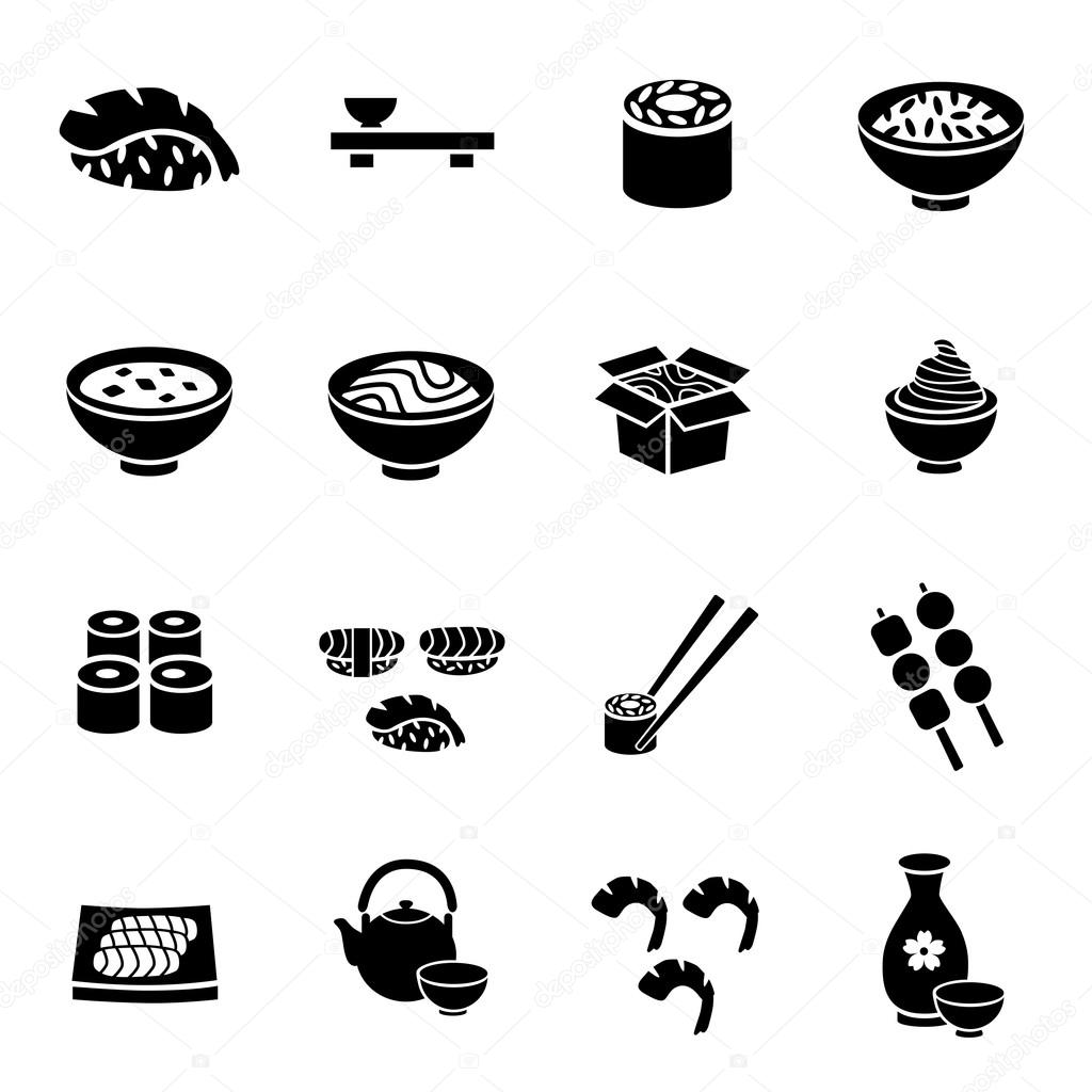 Japanese food Sushi Collection. Asia food icon set with sushi rolls sashimi noodle miso. Japanese cuisine. Vector