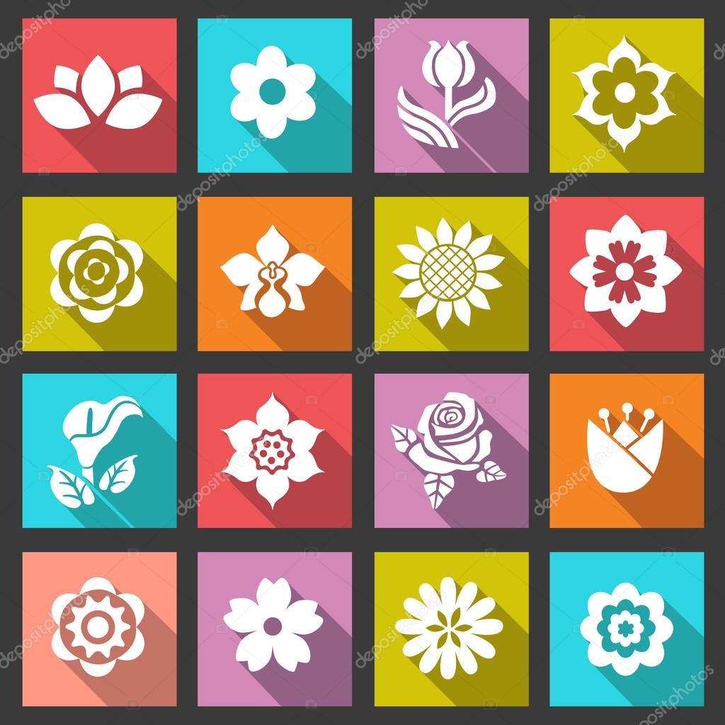 Flower icon set flat style icons with long shadows. Vector illustration.