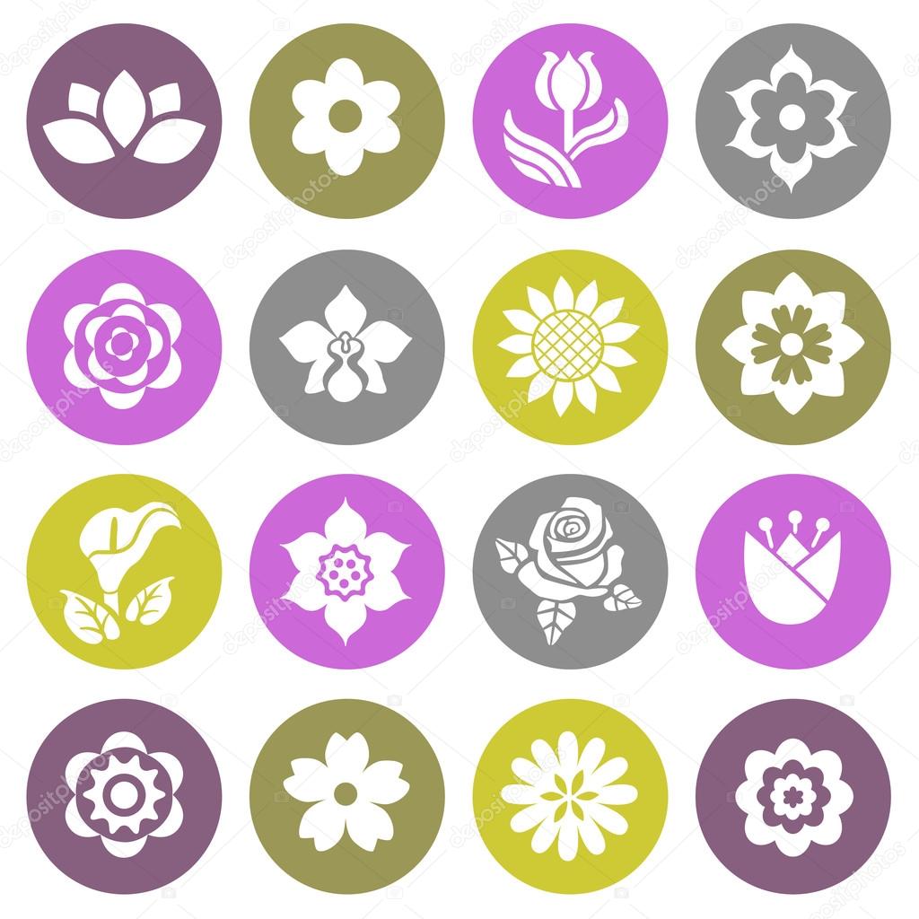 Flower icon set. Flat style icons in circles. Vector illustration.