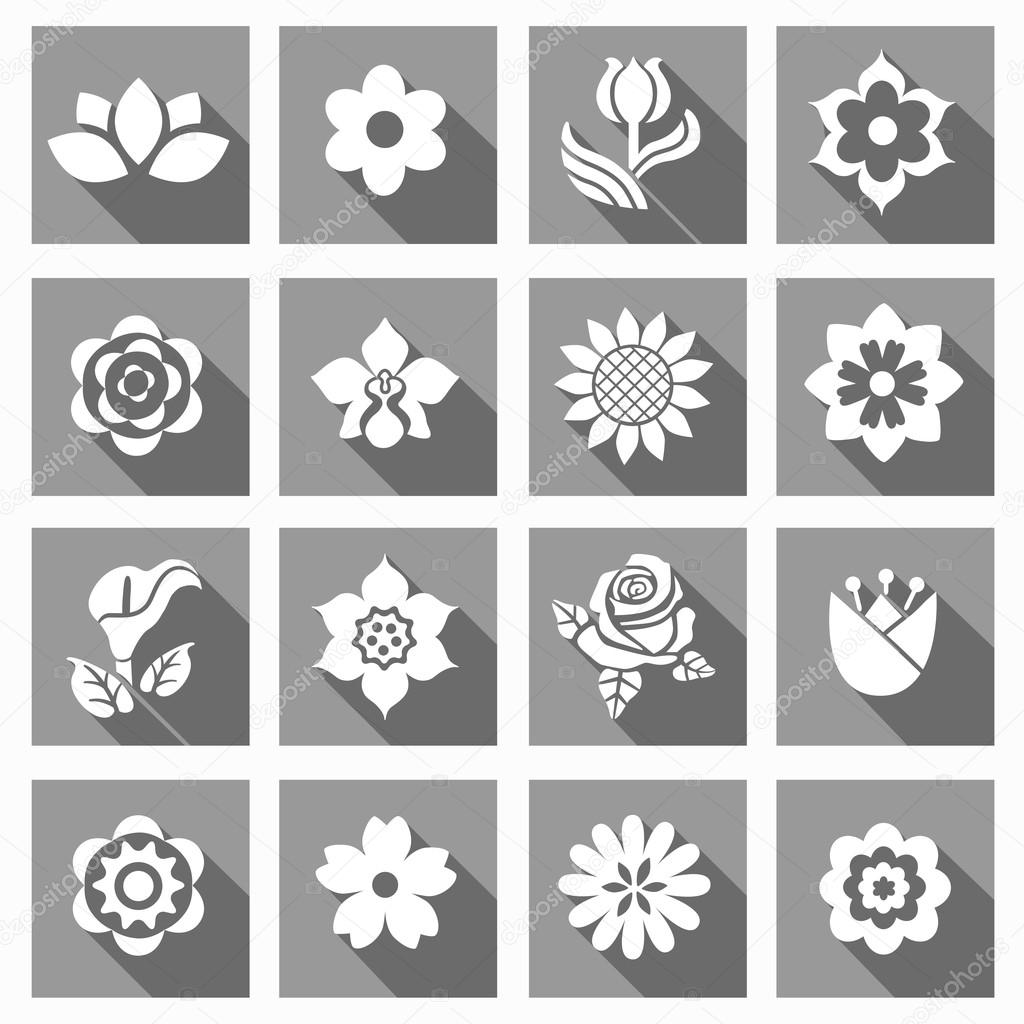 Flower icon set flat style icons with long shadows. Vector illustration.