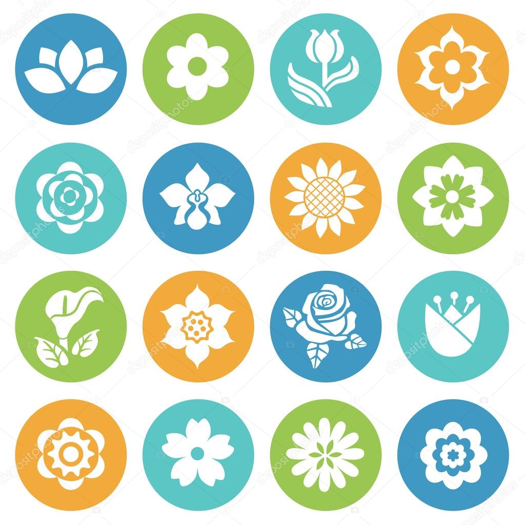 Flower icon set flat style icons in circles. Vector illustration.