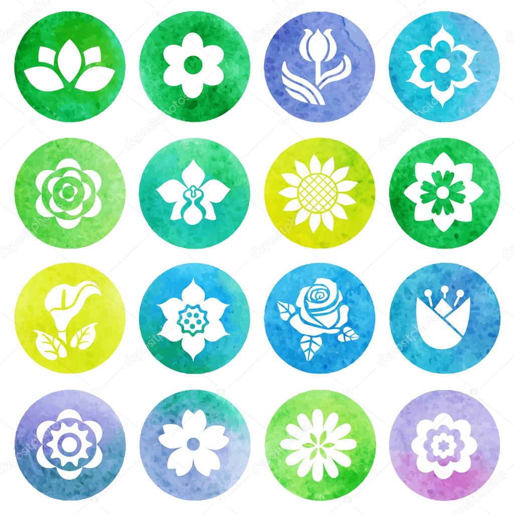 Flower set of round watercolor icons. Vector illustration.