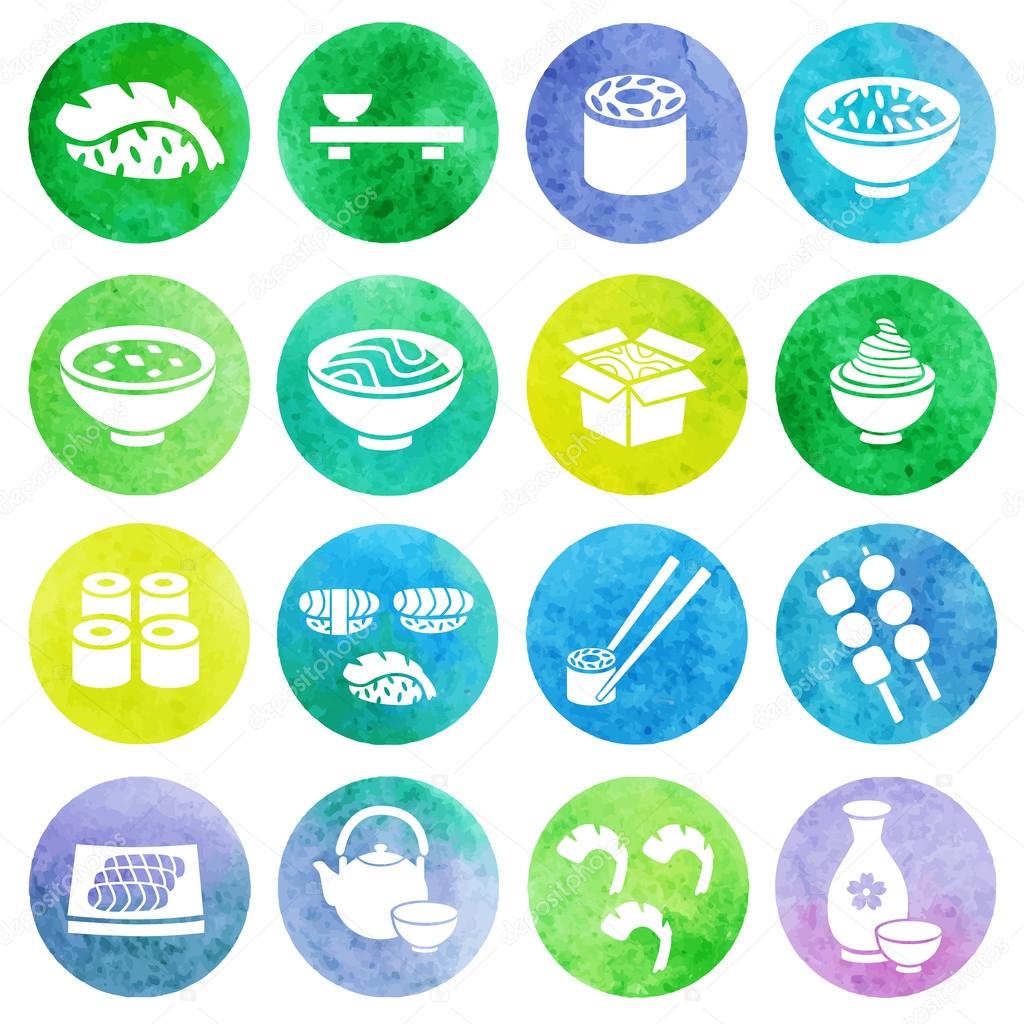 Japanese food Sushi Collection. Asia food watercolor icon set with sushi rolls sashimi noodle miso. Japanese cuisine. Vector