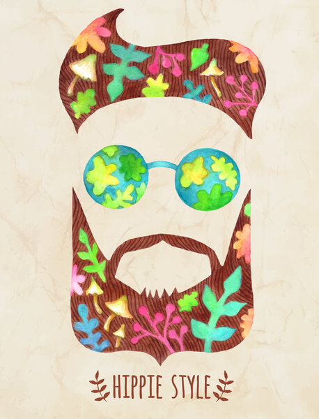 Hand drawn beard and mustache with flowers and mushrooms.