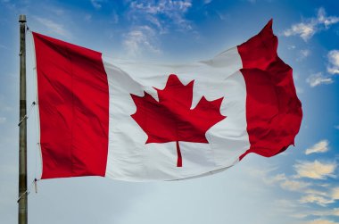 Canadian flag waving in the wind against a blue cloudy sky clipart