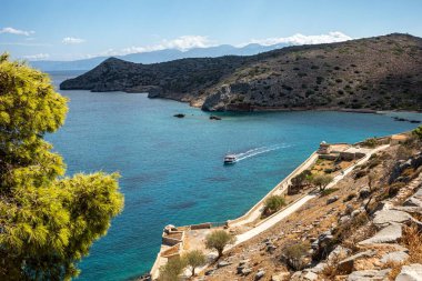 Tepe üstü kale. Huzurlu turkuaz körfez. Küçük motorlu gemi ve ön planda rüzgarlı çam ağacı.,