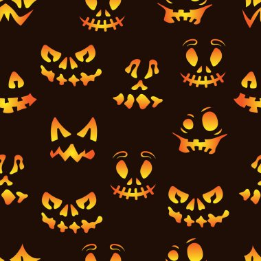 Cadılar Bayramı vektör çizimi. Ürkütücü yüzleri olan kusursuz bir desen. Pankart, poster, davetiye veya şenlikli dekorasyon için ürkütücü karakter