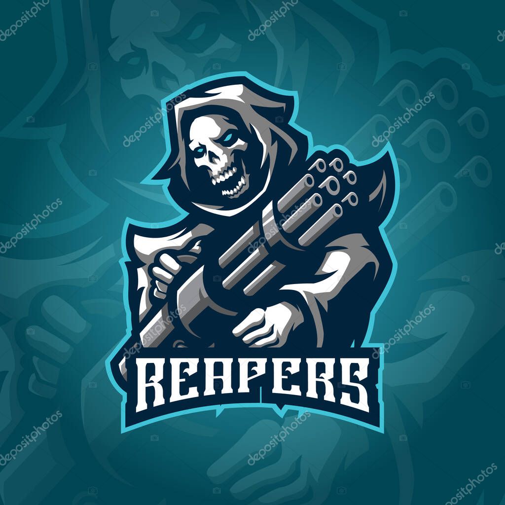 Reaper mascot logo design vector with concept style for badge, emblem and tshirt printing. reaper illustration for esport team.