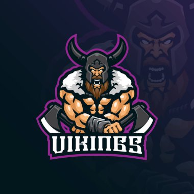 Vikings maskot logosu modern illüstrasyon tarzı rozet, amblem ve tişört baskısı. Spor ve esport takımı için kızgın Viking illüstrasyonu.