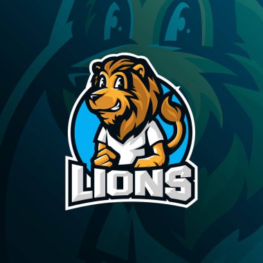 Rozet, amblem ve t-shirt baskısı için modern illüstrasyon konsepti olan aslan maskotu logosu tasarımı. akıllı aslan çizimi.