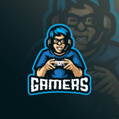 Rozet, amblem ve tişört baskısı için modern illüstrasyon konseptine sahip oyuncu maskot logosu tasarımı vektörü. Spor ve esport takımı için akıllı oyuncu illüstrasyonu.