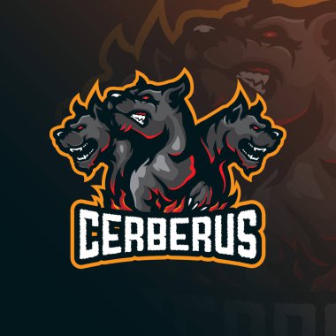 Rozet, amblem ve tişört baskısı için modern illüstrasyon konsepti olan Cerberus maskot logo tasarım vektörü. Kızgın Cerberus çizimi.
