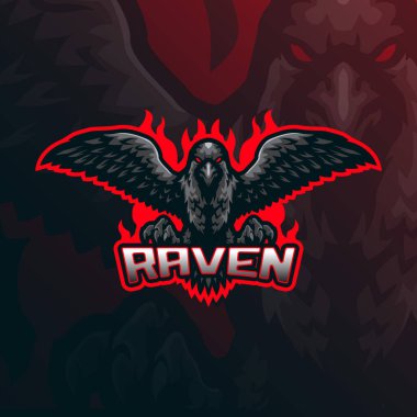 Kuzgun maskotu logo tasarımı vektörü. Rozet, amblem ve t-shirt baskısı için modern illüstrasyon konsepti. Spor takımı için kızgın kuzgun illüstrasyonu.