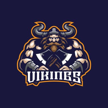 Rozet, amblem ve t-shirt baskısı için modern illüstrasyon konsepti olan Viking maskot logo tasarım vektörü. Kızgın Viking çizimi.