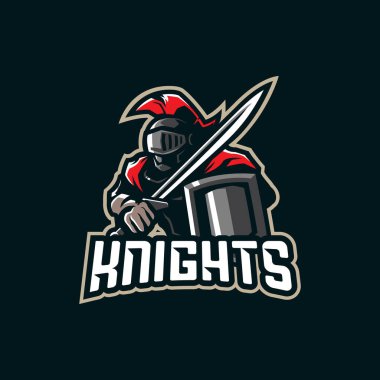 Rozet, amblem ve t-shirt baskısı için modern illüstrasyon konsepti olan Knight maskot logosu tasarımı vektörü. Elinde kılıçla şövalye illüstrasyonu.