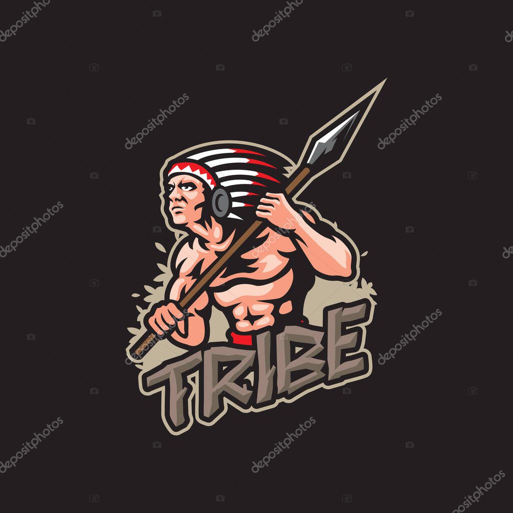 Tribe mascot logo design vector. Tribe illustration with spear in hand.