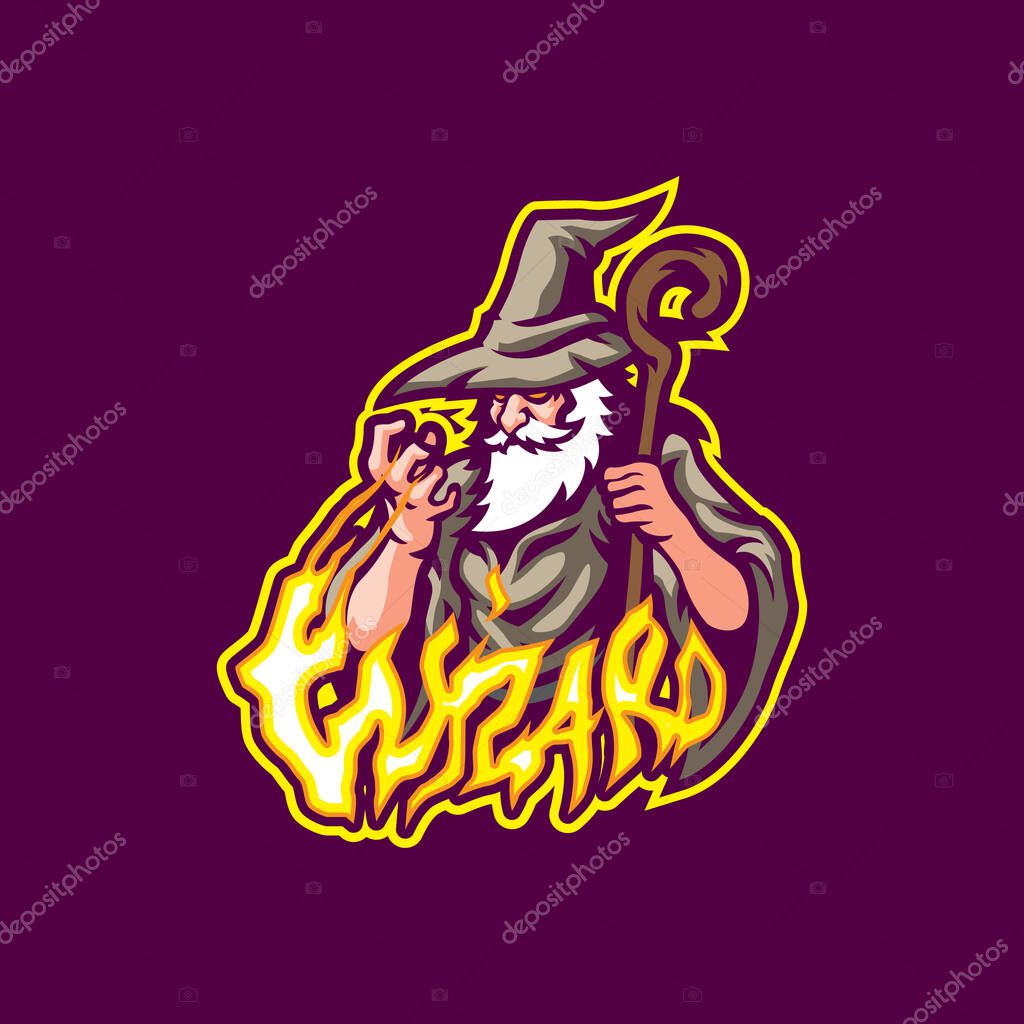Wizard mascot logo design vector. Wizard illustration with fire in hand.