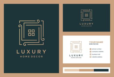 lüks ev dekorasyonu logosu tasarımıyla iş kartı premium vektörü.