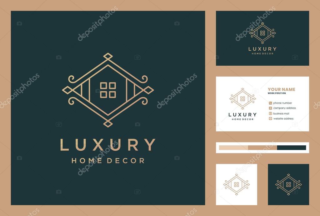 Luxury home decoration logo design with business card premium vector.