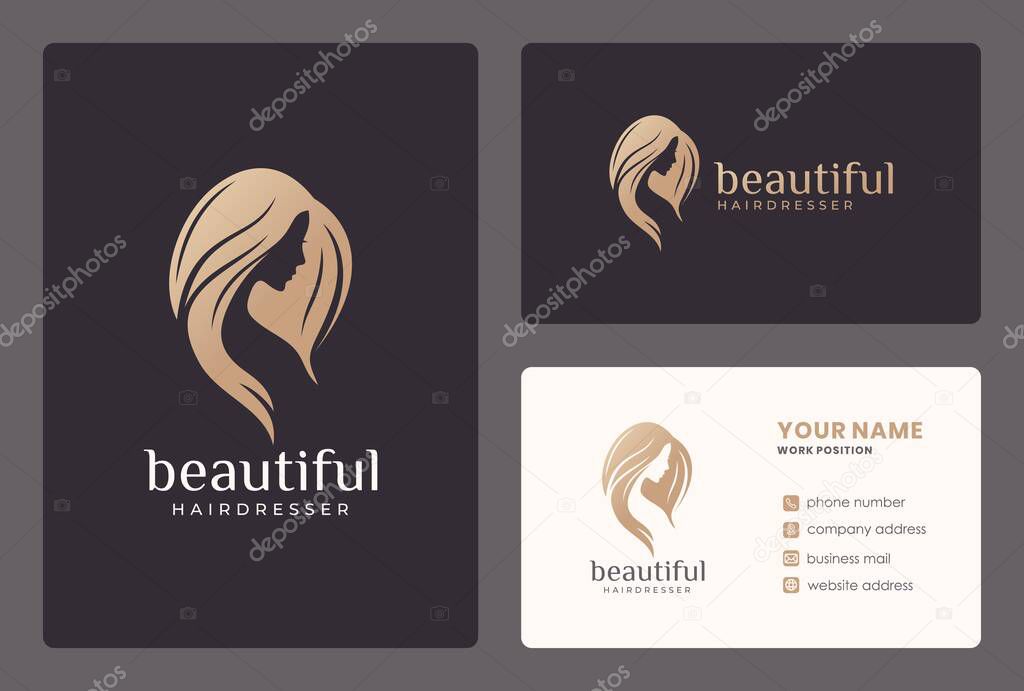 Elegant woman face, beauty salon, hairdresser logo design with business card template.