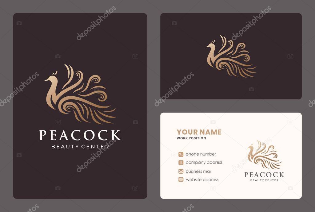 Elegant illustration peacock logo design with business card for beauty salon, spa, wellness, meditaion, massage.