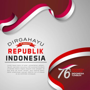 Happy Indonesia Independent Day. Template of greeting card, banner social media with lettering of Dirgahayu 17 August Republik Indonesia, decorated with red and white flag ribbon. clipart