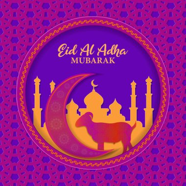Kurban Bayramı arkaplanı İslami desenli, hilal ay, qurban hayvanları ve camii. Kağıt kesiği desenli çember süslemeleriyle süslenmiş..