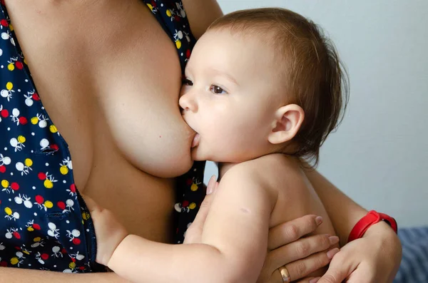 一位年轻的白人母亲正在给她的孩子喂奶 在特写镜头 婴儿的母乳喂养 免版税图库图片