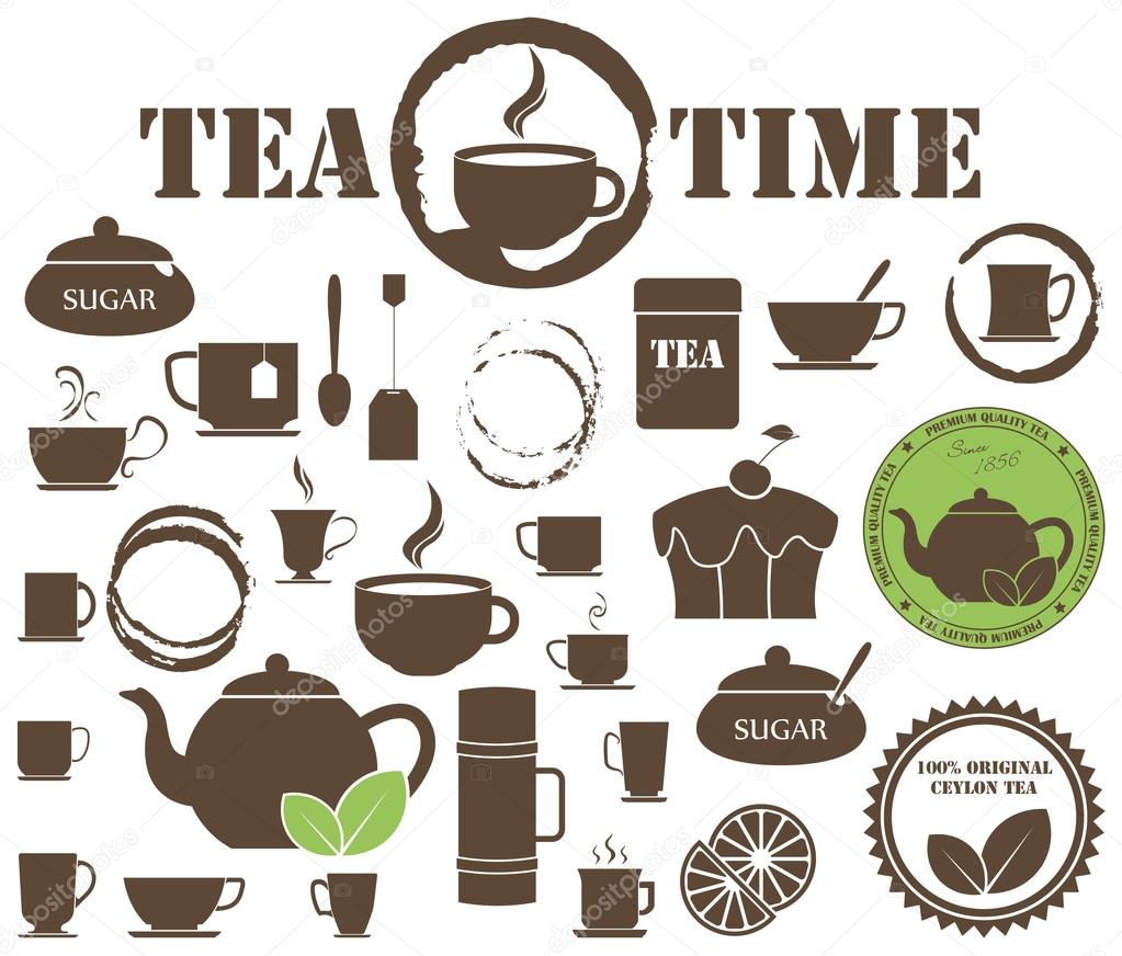 Set of tea icons icluding icons of different tea cups, tea pot, tea bag, thermos, lemon wedge, tea stains, cake, spoon, sugar bow, tea leafs and tea labels. Tea time illustratuion.