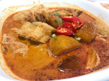 Curry Laksa Asya yemekleri. Hindistan cevizi sütlü şehriye baharatlı çorba, soya peyniri derisi, balık köftesi, patates..