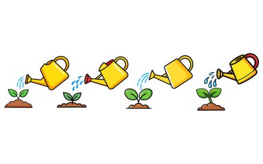Çizgi film çizimleri, çeşitli sarı sulama kutularının küçük yeşil bitki filizlerine eğilimli olduğunu gösteriyor. Bahçe işleri, büyüme, bakım ve kalkınma yatırımlarını temsil ediyor. Beyaz arkaplanda izole.