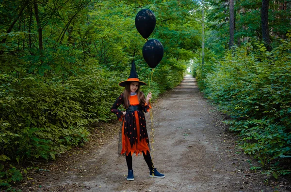 Happy Halloween Cute Little Witch Balloon Beautiful Little Child Girl — Stockfoto