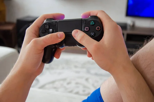 Man Hands Holding Prefix Guy Plays Console Game Addiction Person — Stock Photo, Image