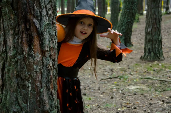 Cute Girl Looks Out Tree Holds Pumpkin Her Hands — Stockfoto