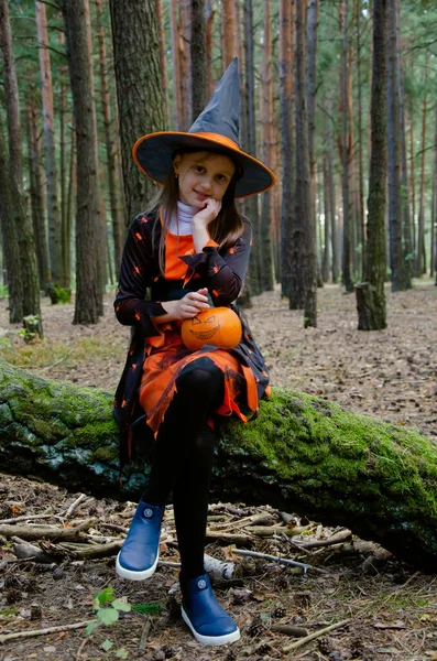 Bruxa Menina Senta Uma Árvore Segura Uma Abóbora Halloween Feriado — Fotografia de Stock