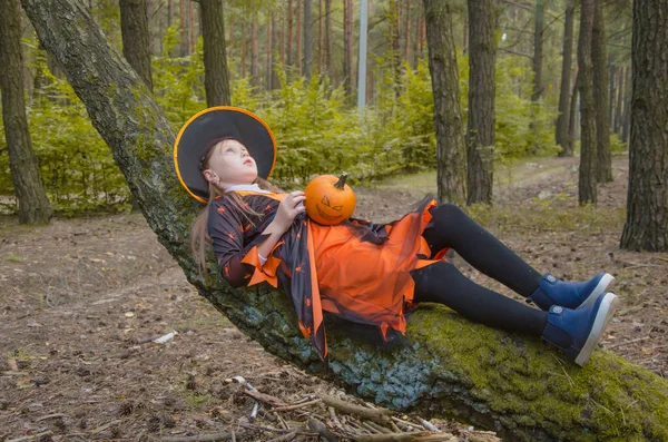 Mädchen Liegt Auf Einem Baum Und Hält Einen Kürbis Mit — Stockfoto
