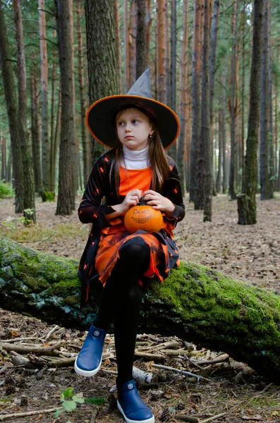 Bruxa Menina Senta Uma Árvore Segura Uma Abóbora Halloween Feriado — Fotografia de Stock