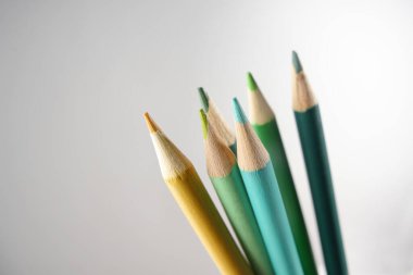 farklı yeşilliklerdeki ahşap boya kalemleri kopya alanı ile