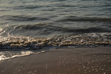 Okyanus dalgaları kıyıda kırılıyor, kumda köpük ve dalgalanmalar yaratıyor.